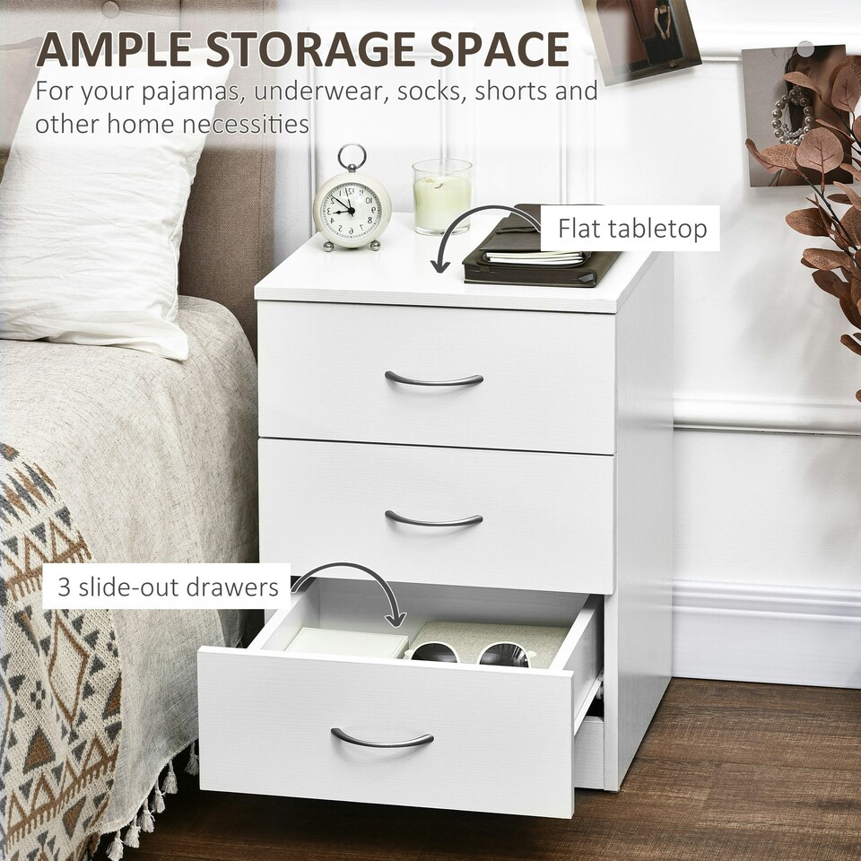 image 1 of HOMCOM Modern 3 Drawers Side Cabinet Wooden Bedside Table White