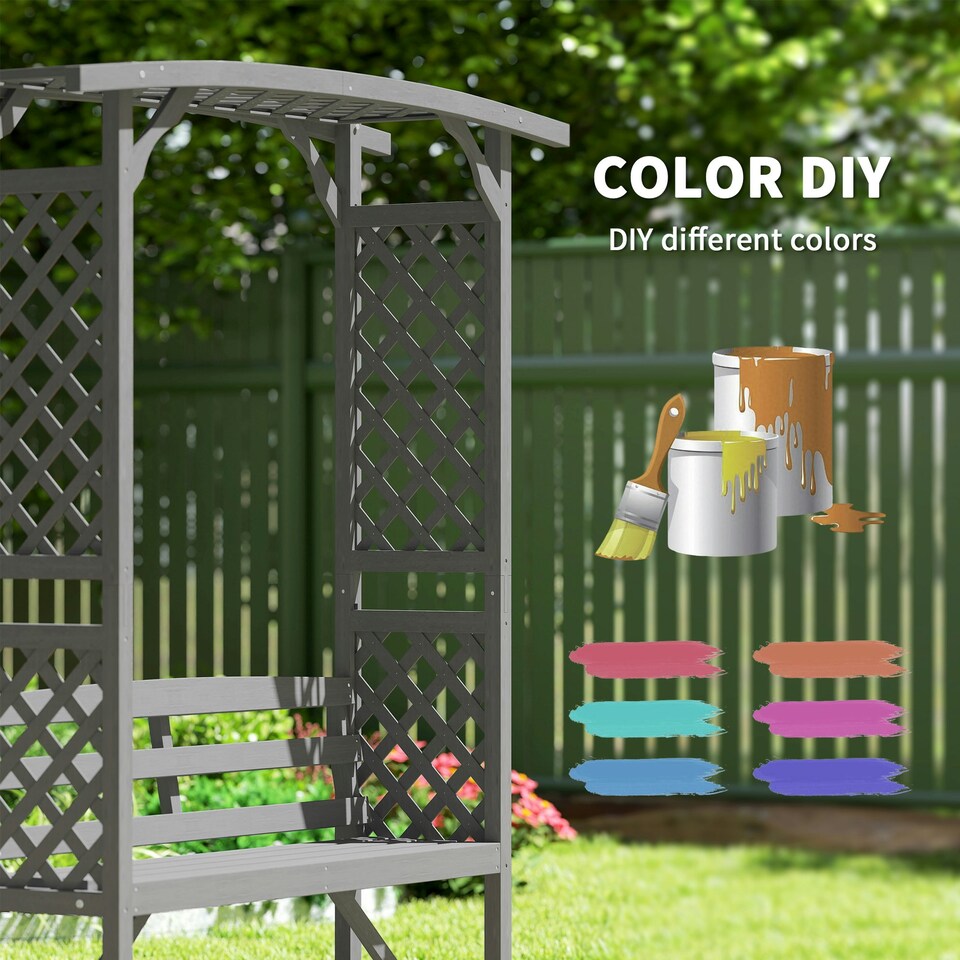 image 1 of Outsunny Arch Pergola Garden Bench, Wooden Garden Arbour with Seat, Grey