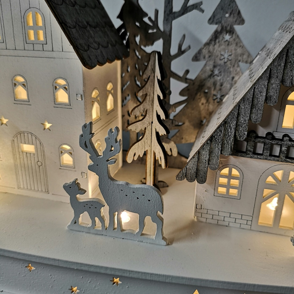image 1 of 44cm Battery Light Up Warm White Christmas Winter Wooden Village with Reindeer Scene