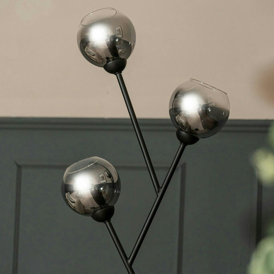 image 1 of ValueLights Aria Matte Black 3 Way Floor Lamp with Smoked Grey Globe Shades