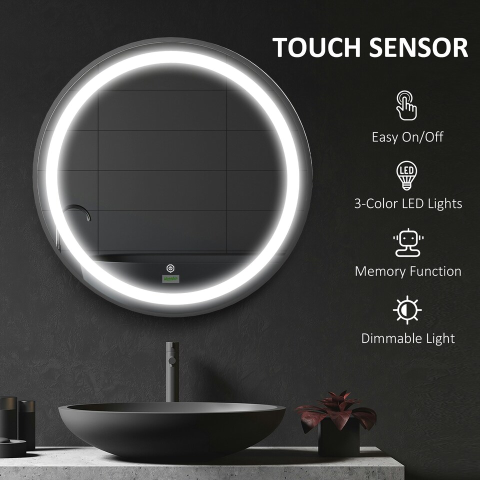 image 1 of kleankin Wall Mounted Round LED Bathroom Mirror with 3 Light Colours, Black