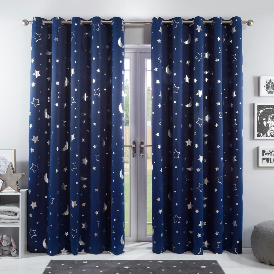 image 1 of OHS Galaxy Print Blackout Eyelet Curtains, 66x90" - Navy Blue