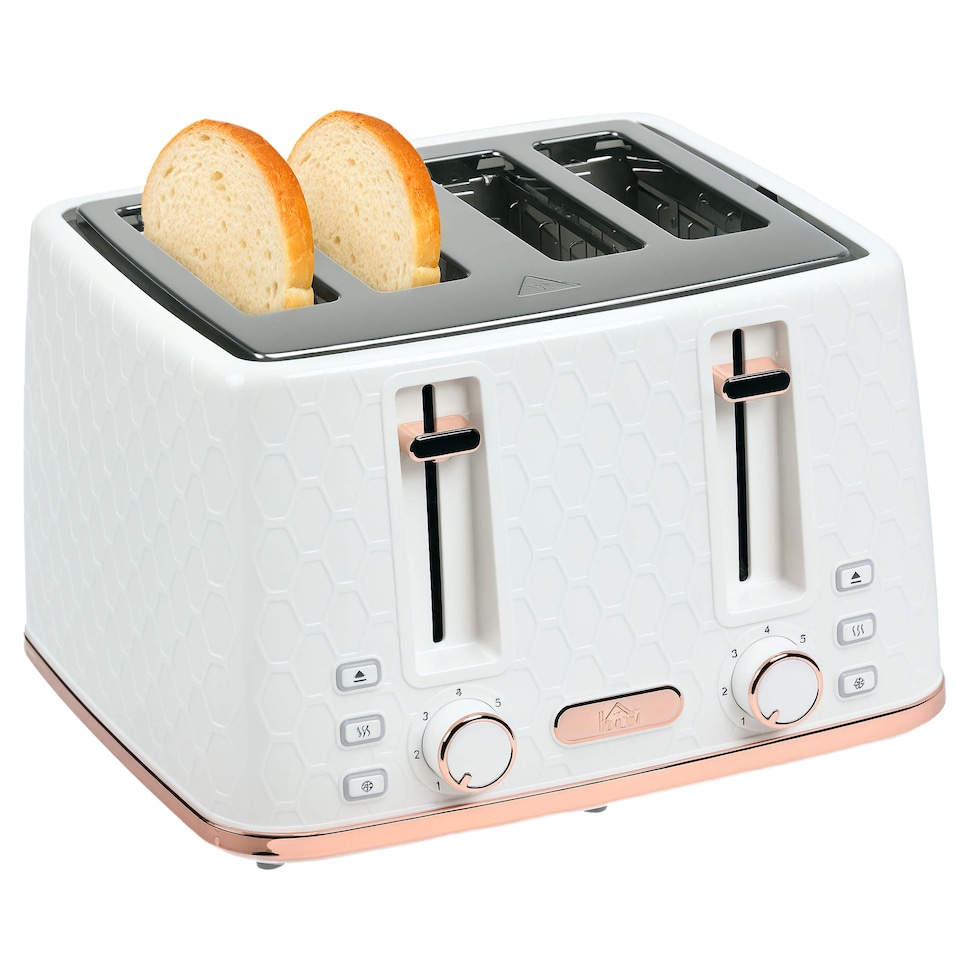 image 1 of HOMCOM 4 Slice Toaster with 7 Browning Levels, High Lift, ReheatDefrostCancel, Self-centring Function, Removable Crumb Tray, Auto Off, 1600W, White Honeycomb Texture | White | Pink accents