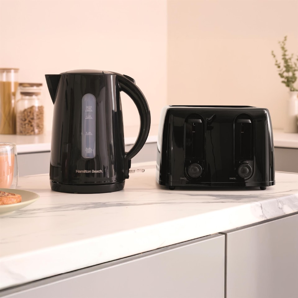 image 1 of Hamilton Beach Essentials Kettle, 4 Slice Toaster & Deep Fill Sandwich Toaster Set - Black