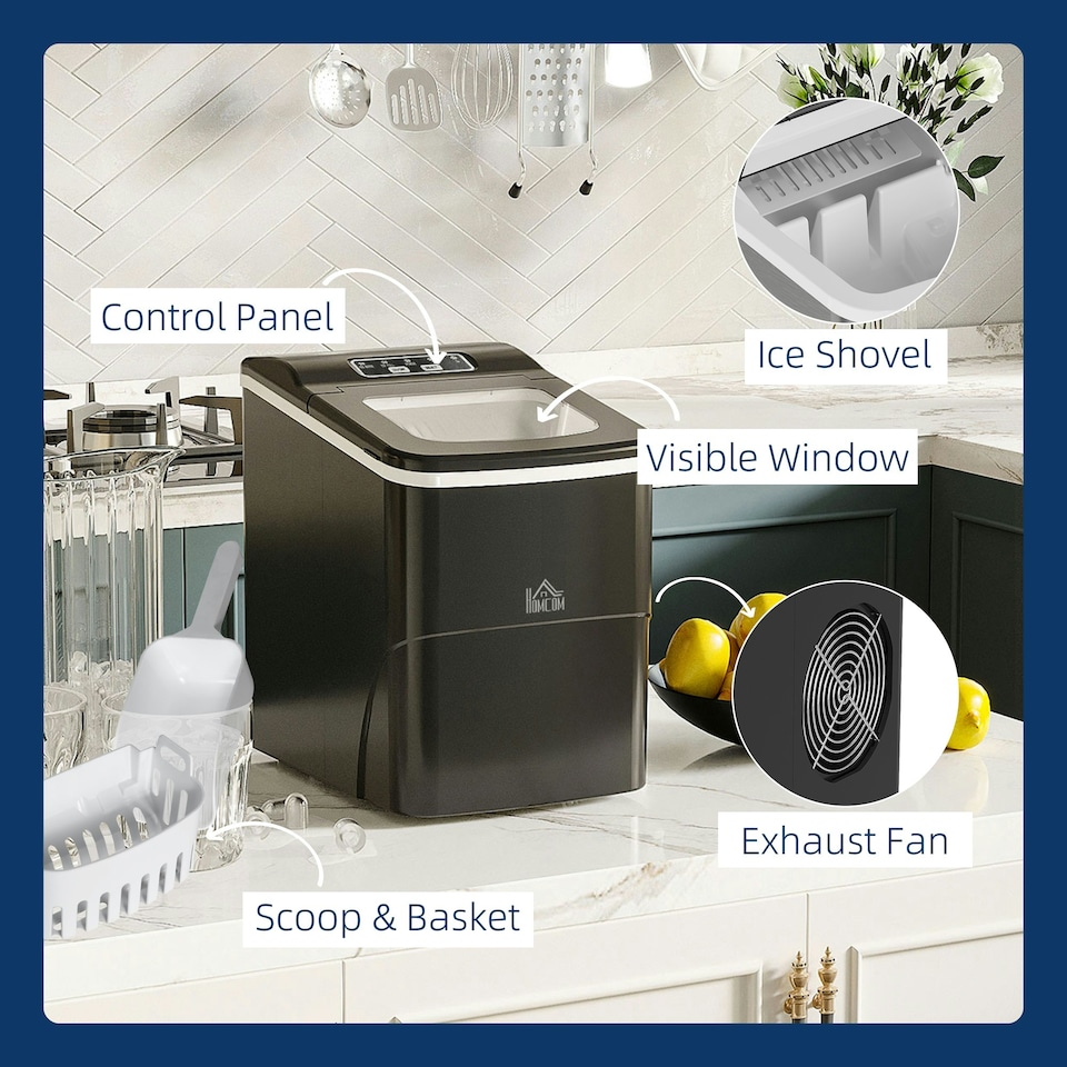 image 1 of HOMCOM Ice Maker 12kg/24H Production with Scoop Basket for Home Office Black