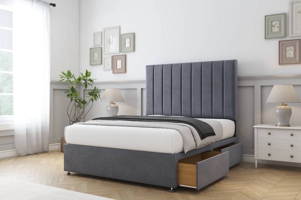 image 1 of Sloomy Kansas Steel Plush Divan Bed Base 2 Drawers Same Side With 26 Inch Strutted Headboard | Grey | Steel | Double | 1
