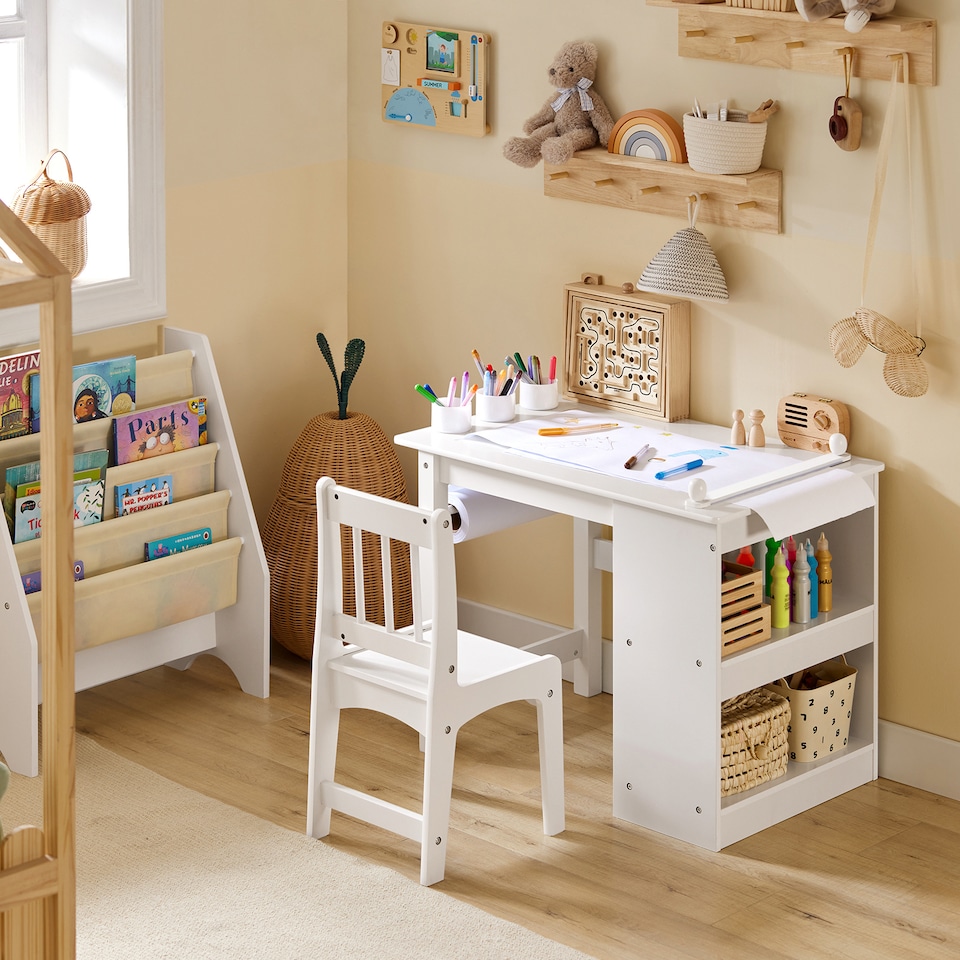 image 1 of SoBuy KMB60-W,Toddler Activity Table and Chair Set with Storage for Playroom | White | White