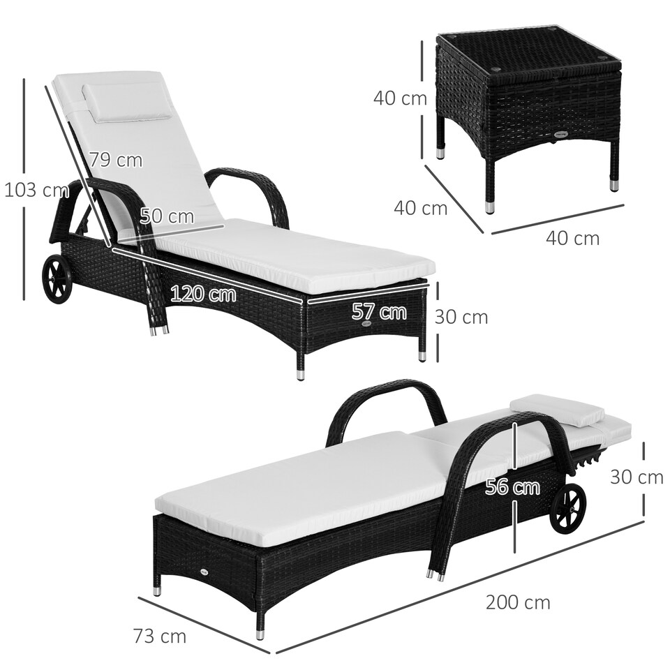 image 1 of Outsunny 3 PCS Rattan Lounger Recliner Bed Garden Furniture Set w/ Side Table | Black | Black