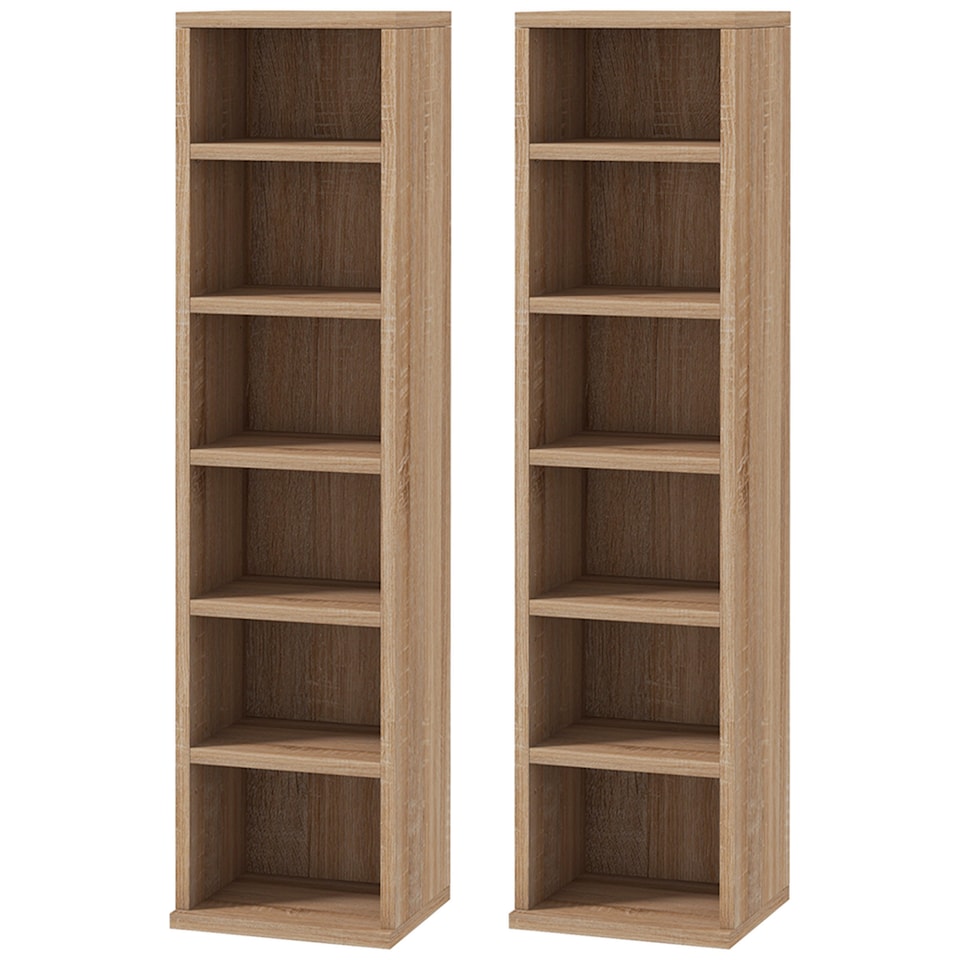 image 1 of HOMCOM 204 CD Media Display Shelf Unit Set of 2 Blu-Ray Tower Rack w  Adjustable Shelves Bookcase Storage Organiser, Natural