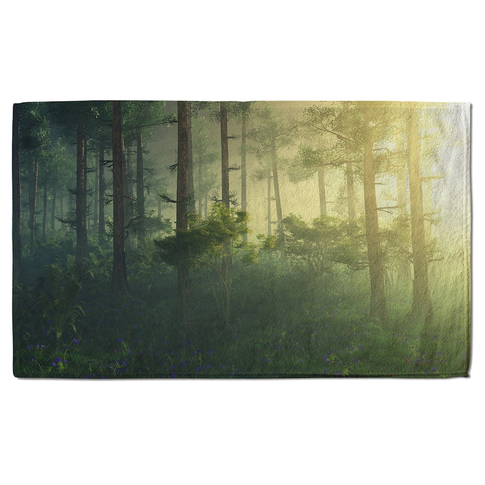 image 1 of sun, trees in a haze of light, glowing fog among the trees Designer Bath Towel | Multi