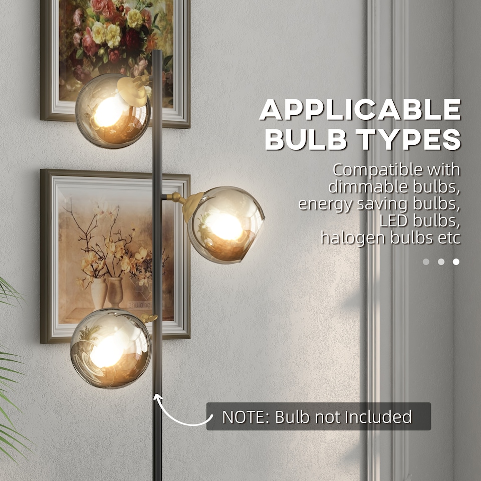 image 1 of HOMCOM 3Light Floor Lamp for Living Room with Glass Global Lampshade, Modern Standing Lamp for Bedroom, Bulb not Included, Grey