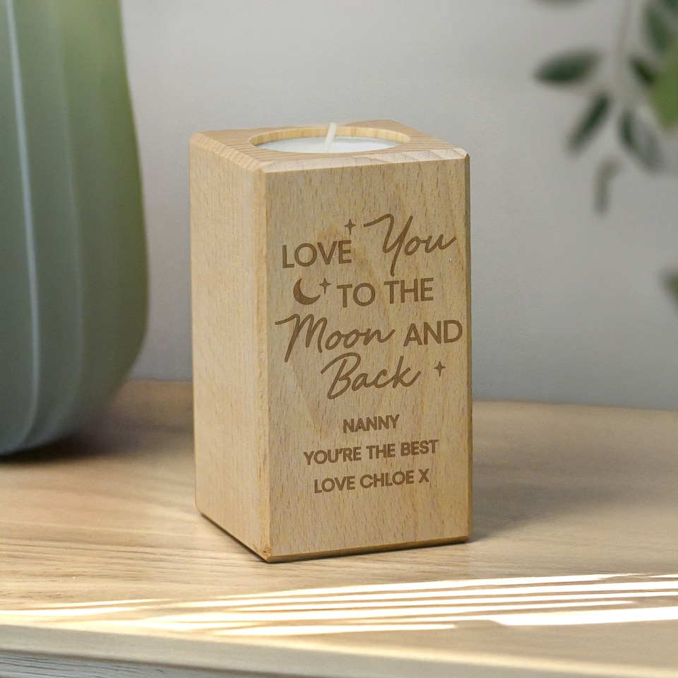 image 1 of Personalised Love You To The Moon Wooden Tealight Holder Brown