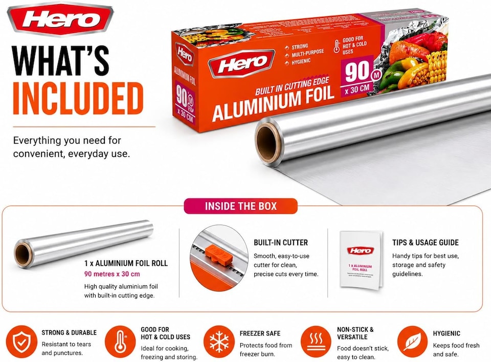 image 1 of Hero Strong Kitchen Foil Roll 90m x 300mm – Premium Aluminium Foil with Easy Cutter Dispenser | Non-Stick Foil for Cooking, Baking, BBQ & Food Wrapping