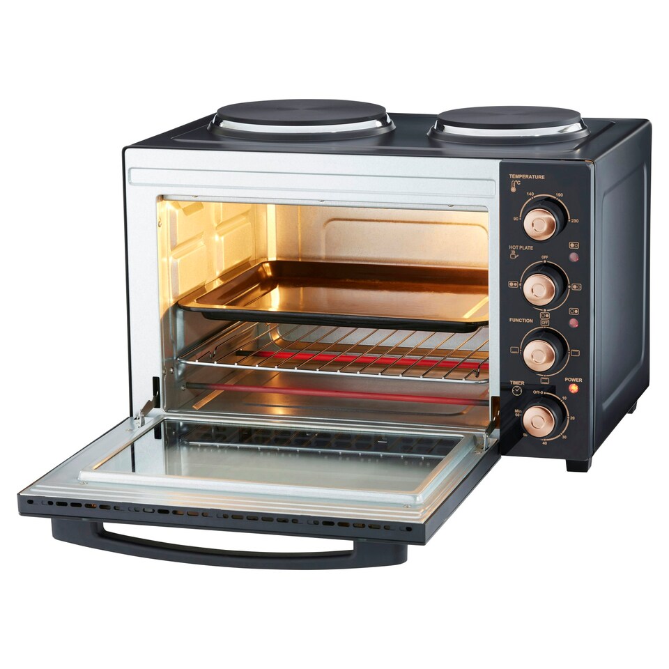 image 1 of Cooks Professional Mini Oven with 2 Hobs | 34 Litre | Powerful 1500W | Black and Copper