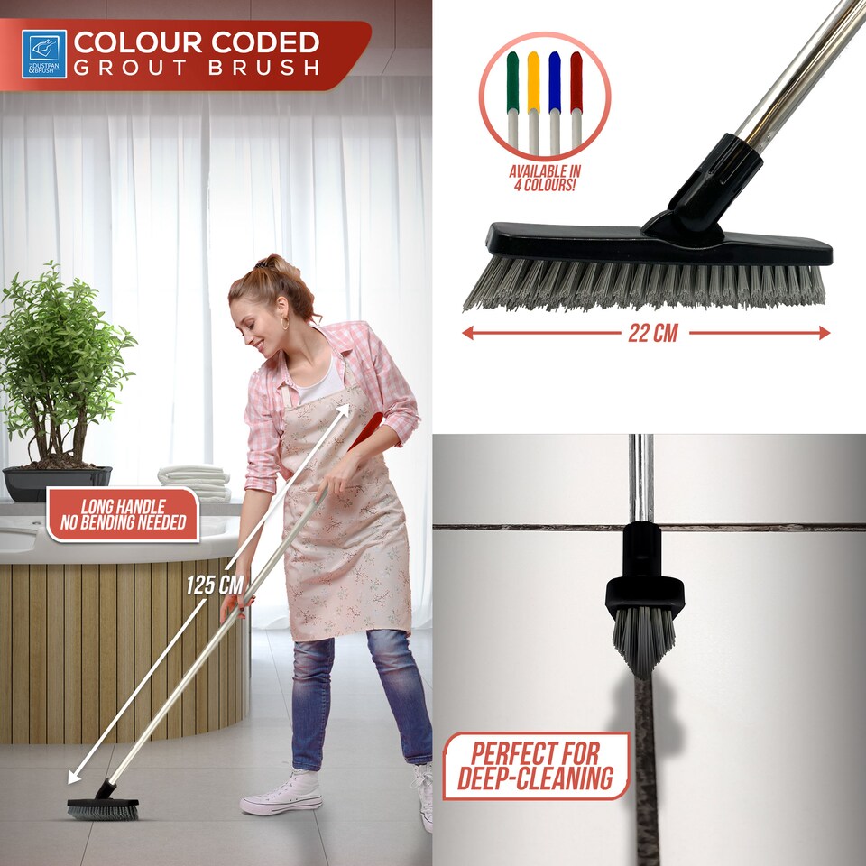 image 1 of Colour-Coded Angled Grout Brush with Handle 180° Swivel Tile & Corner Scrubber