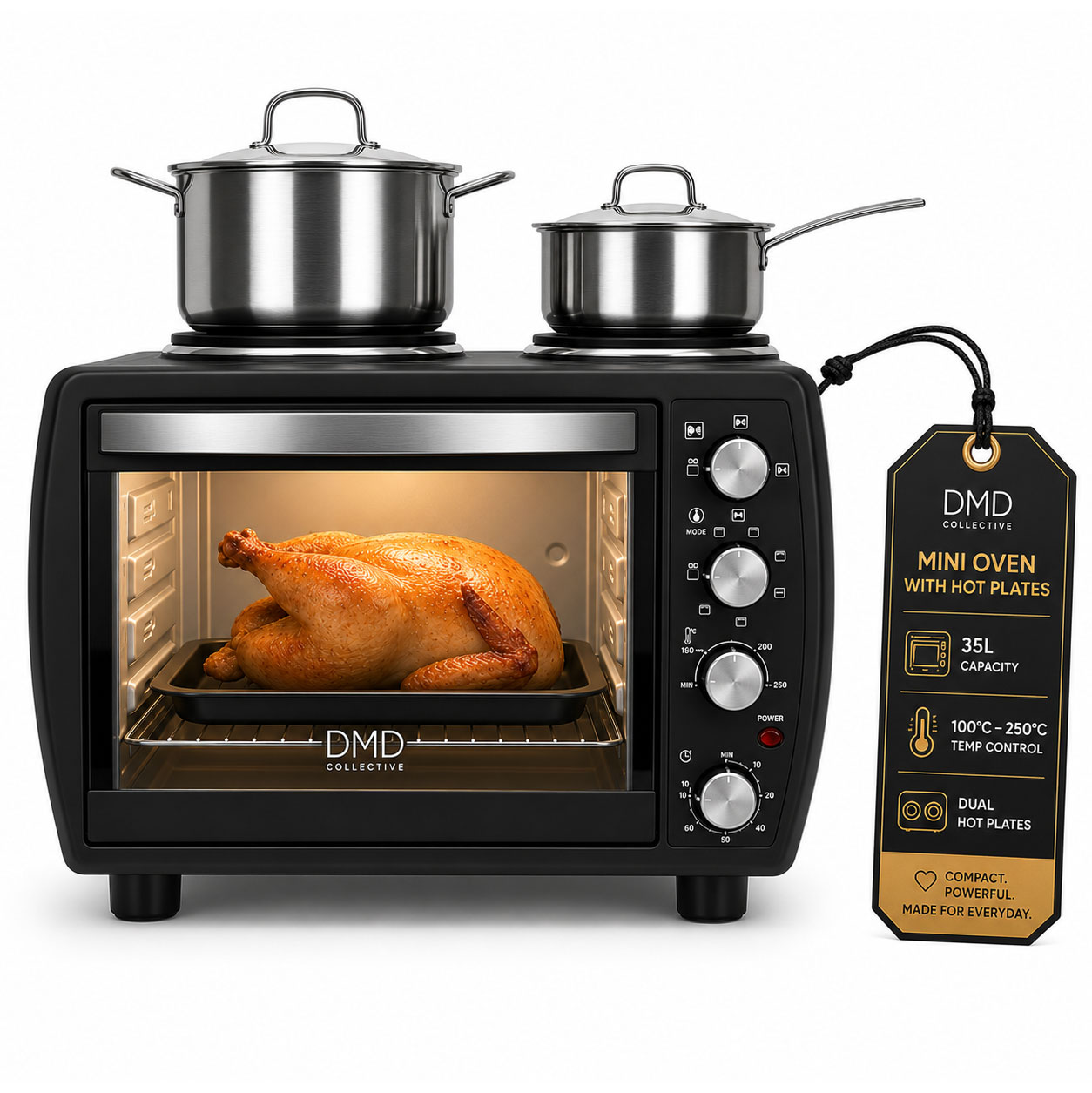 DMD 35L Mini Oven with Dual Hot Plates, 100-250°C Temperature Control, 120min Timer, Wire Rack and Baking Tray