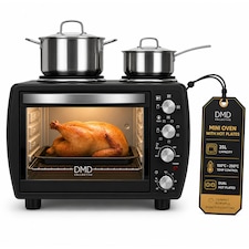 DMD 35L Mini Oven with Dual Hot Plates, 100-250°C Temperature Control, 120min Timer, Wire Rack and Baking Tray
