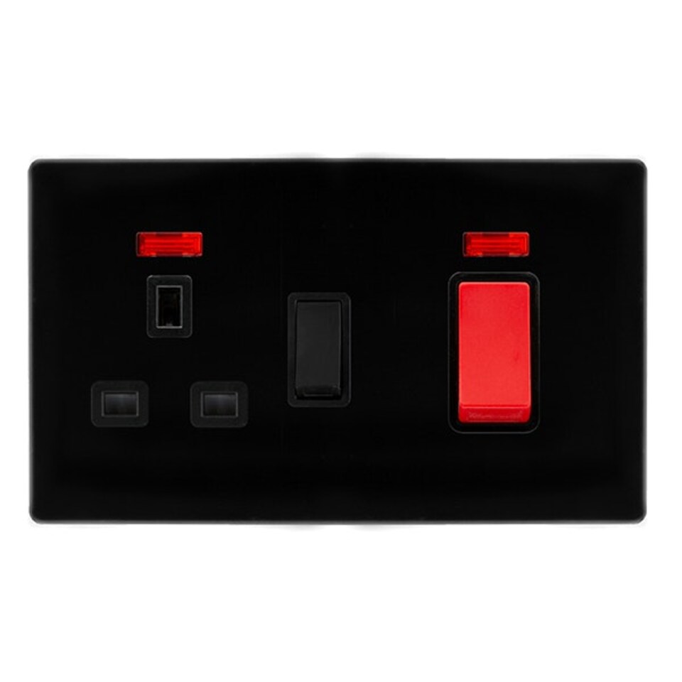 SE HOME Matt Black Screwless Plate Cooker Control 45A With 13A Switched Plug Socket & 2 Neons - Black Trim - SE Home Black | Metal