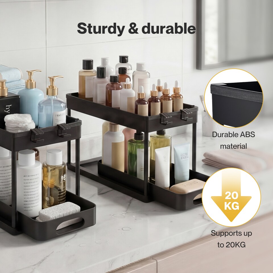 image 1 of Toque Under Sink Storage Kitchen Sliding Drawer Pull Out Organiser 2 Pack Black