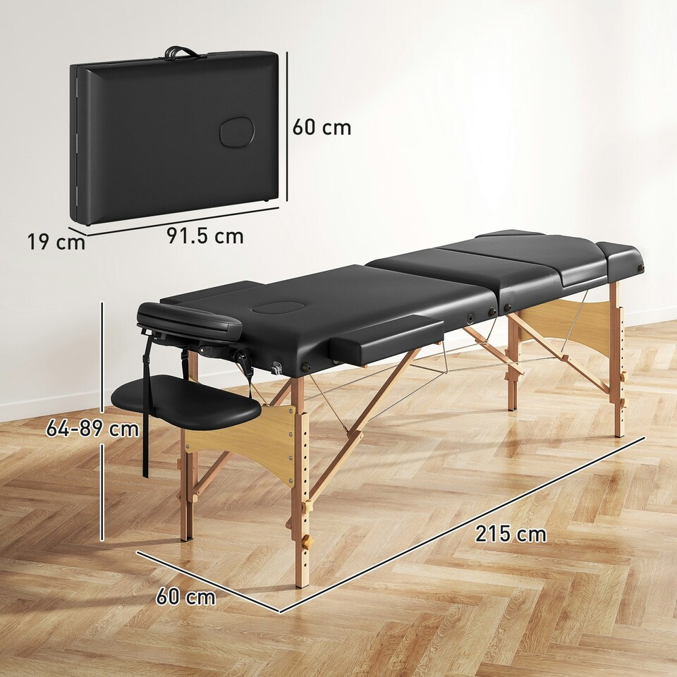 image 1 of HOMCOM Foldable Massage Bed with Beech Wood Legs Face Cradle Armrests Black Black | Natural Wood
