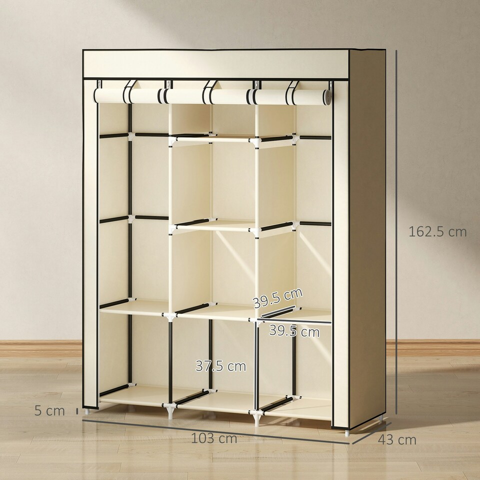 image 1 of HOMCOM Fabric Portable Wardrobe with 8 Shelves 2 Hanging Rails, Cream White Cream