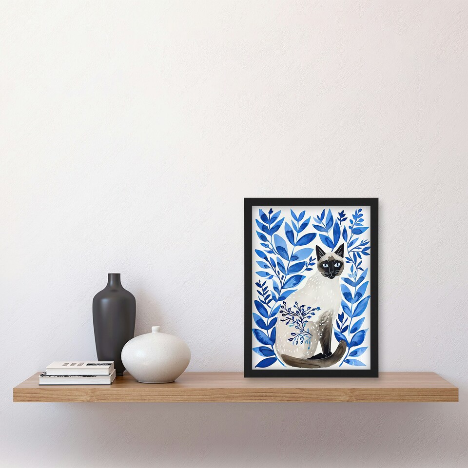 image 1 of Siamese Cat Lover and Blue Plants Pet Portrait Black Framed Wall Art Print A4