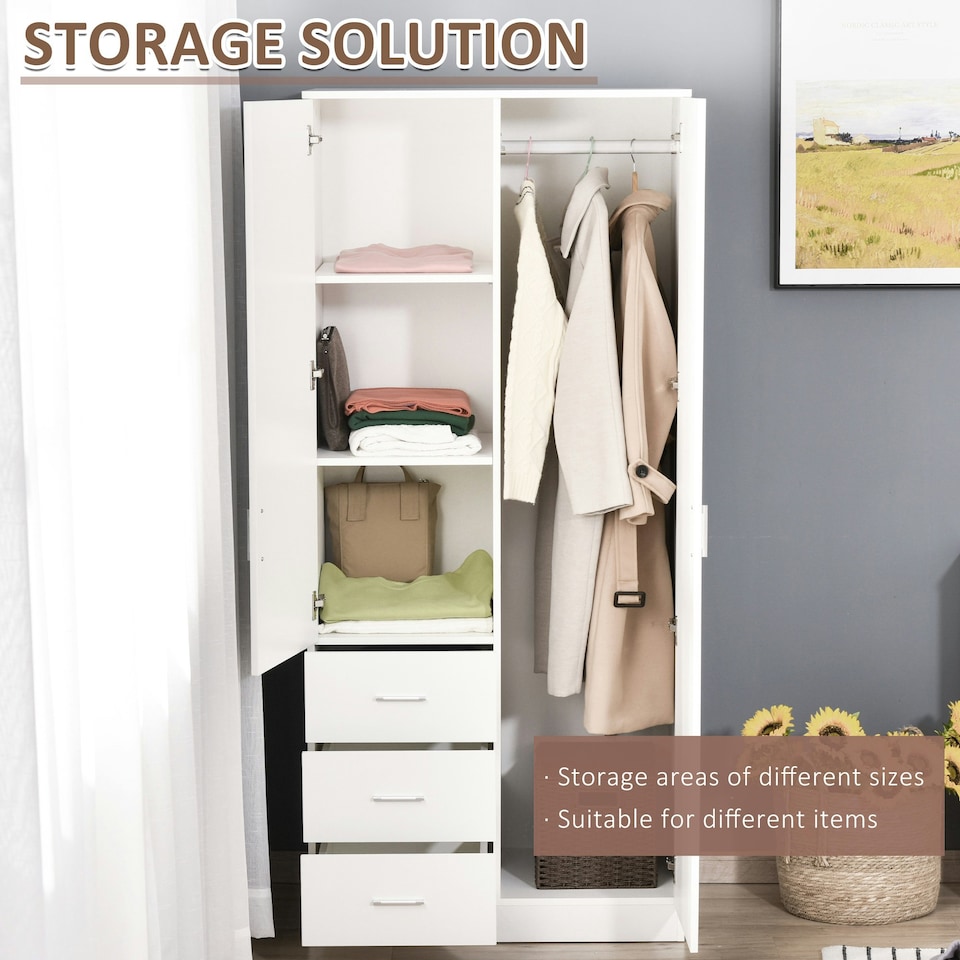 image 1 of HOMCOM 2-Door Wardrobe w/ Adjustable Shelf 3 Drawers for Bedroom, 180cm, White