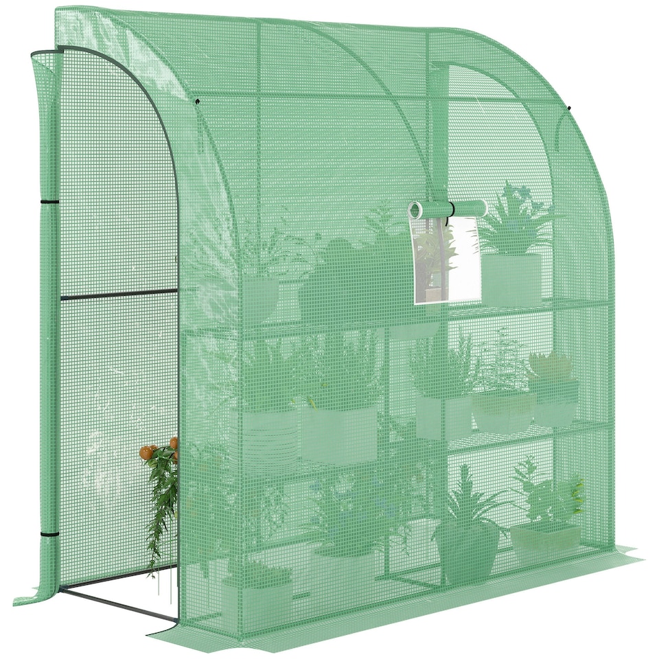 image 1 of Outsunny Walk-In Lean to Wall Greenhouse w/Window&Door 200Lx 100W x 215Hcm Green