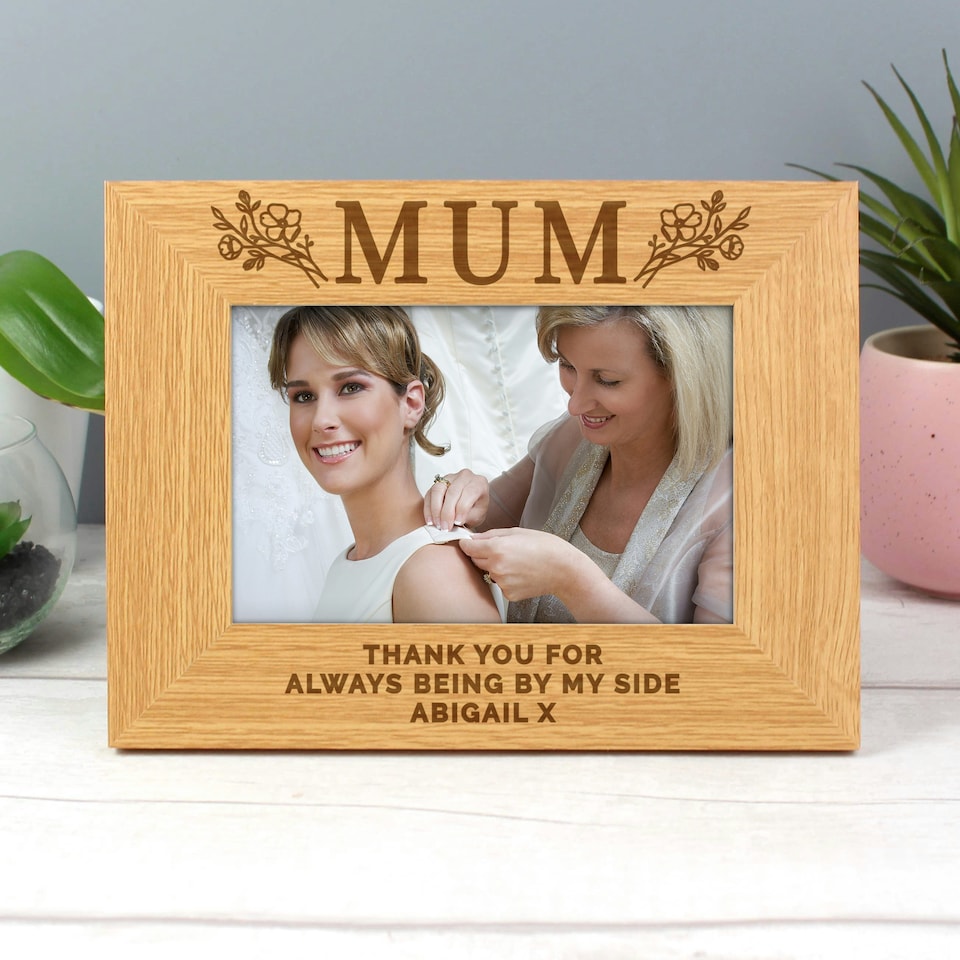 image 1 of Personalised Floral Mum 6x4 Oak Finish Photo Frame Brown | One Size