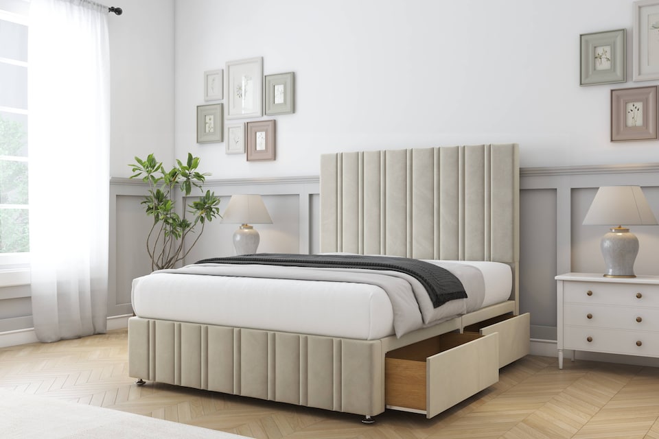 image 1 of Sloomy Langston Cream Plush Divan Bed Base 4 Drawers With 54 Inch Floor Standing Headboard & 12 Inch Matching Footboard | Cream | Cream | Super King | 1