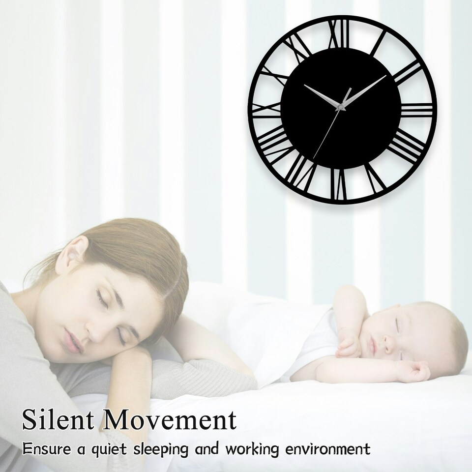 image 1 of Living and Home Silent Round Wood Wall Clock Roman Numeral - Black | Black