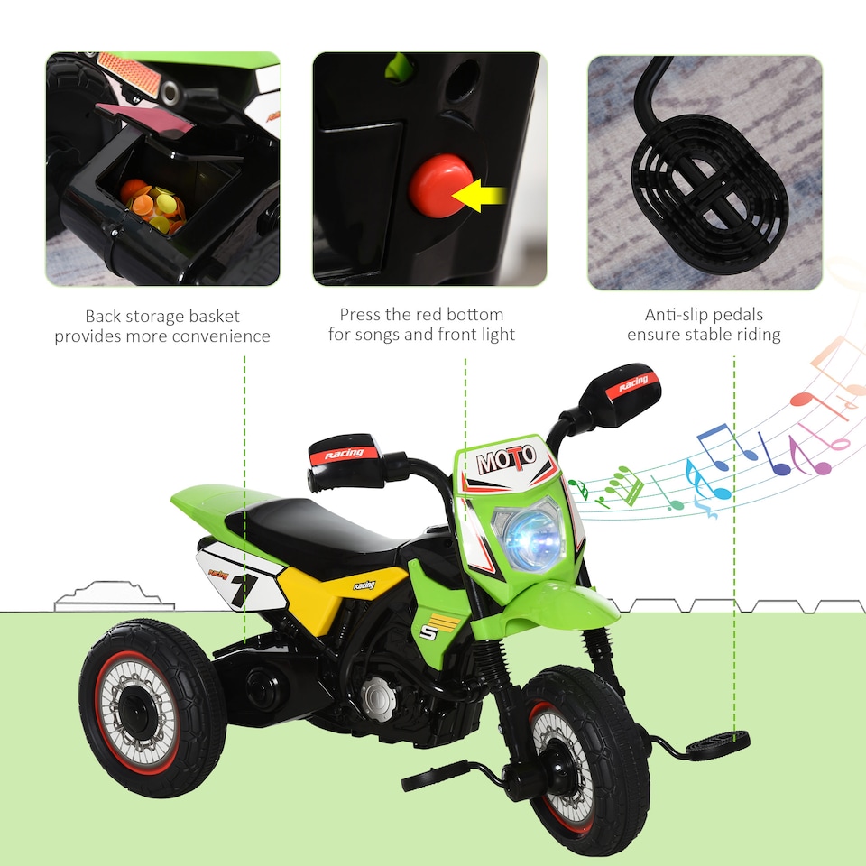 image 1 of HOMCOM Kids Trike, Toddler Pedal Motorcycle, Kids Ride On Tricycle Early Learning with Music Lights Handlebar Stickers Exercise Boys Girls Gift for 18 - 36 Months Green