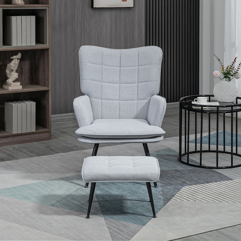 image 1 of HOMCOM Armchair with Footstool, Living Room Chair, Linen Accent Chair for Bedroom, Home Study, Light Grey