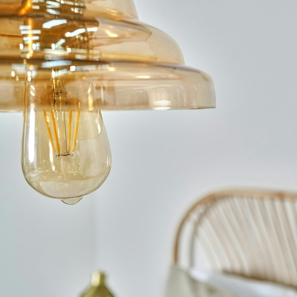 image 1 of ValueLights Antique Brass Pendant Ceiling Light with Rippled Amber Glass Shade