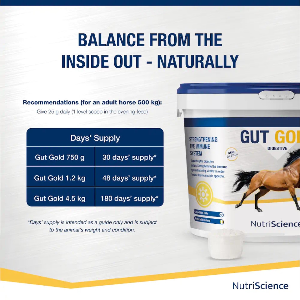 image 1 of NutriScience Horse Gut Gold Supplement Digestive Aid Probiotic Powder Ulcer Support Performance 4.5kg