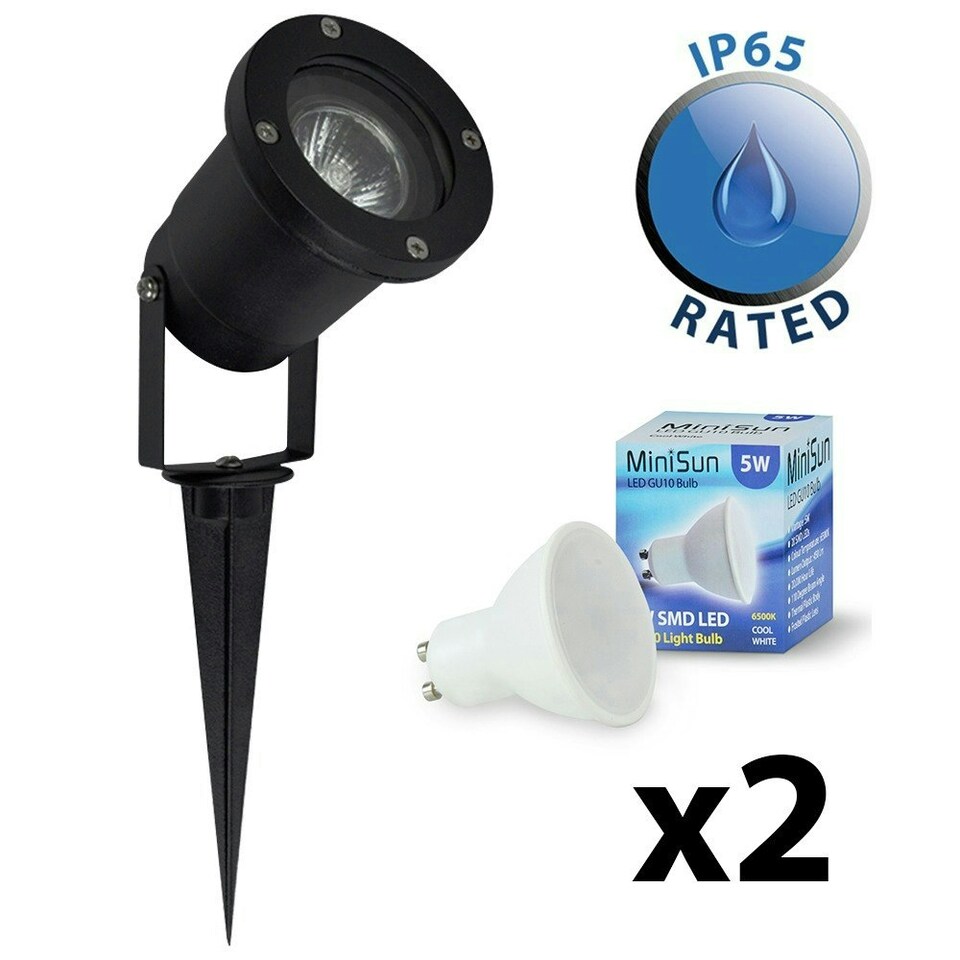 image 1 of ValueLights Pack of 2 - Ground Spike/Wall Mount IP65 Rated Outdoor Lights in a Black Finish - Complete 5w LED GU10 Bulbs 6500K Cool White