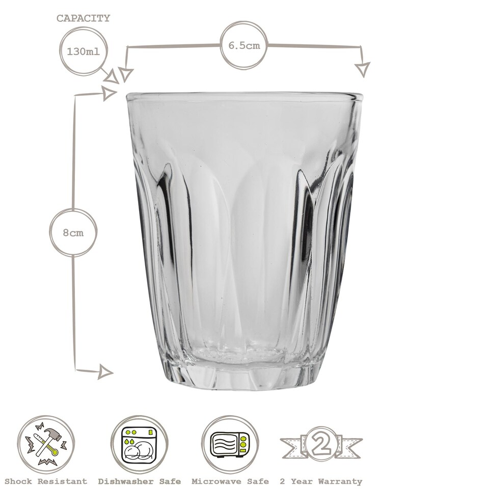 image 1 of Duralex Provence Drinking Glasses - 130ml Tumblers for Water, Juice - Pack of 6 | Clear | Clear