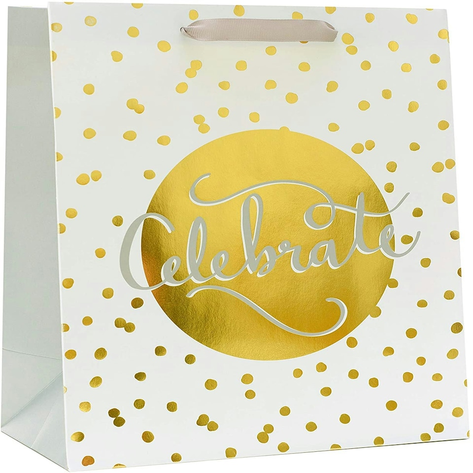 image 1 of Celebrate White And Gold Polka Dot Large Size Gift Bag
