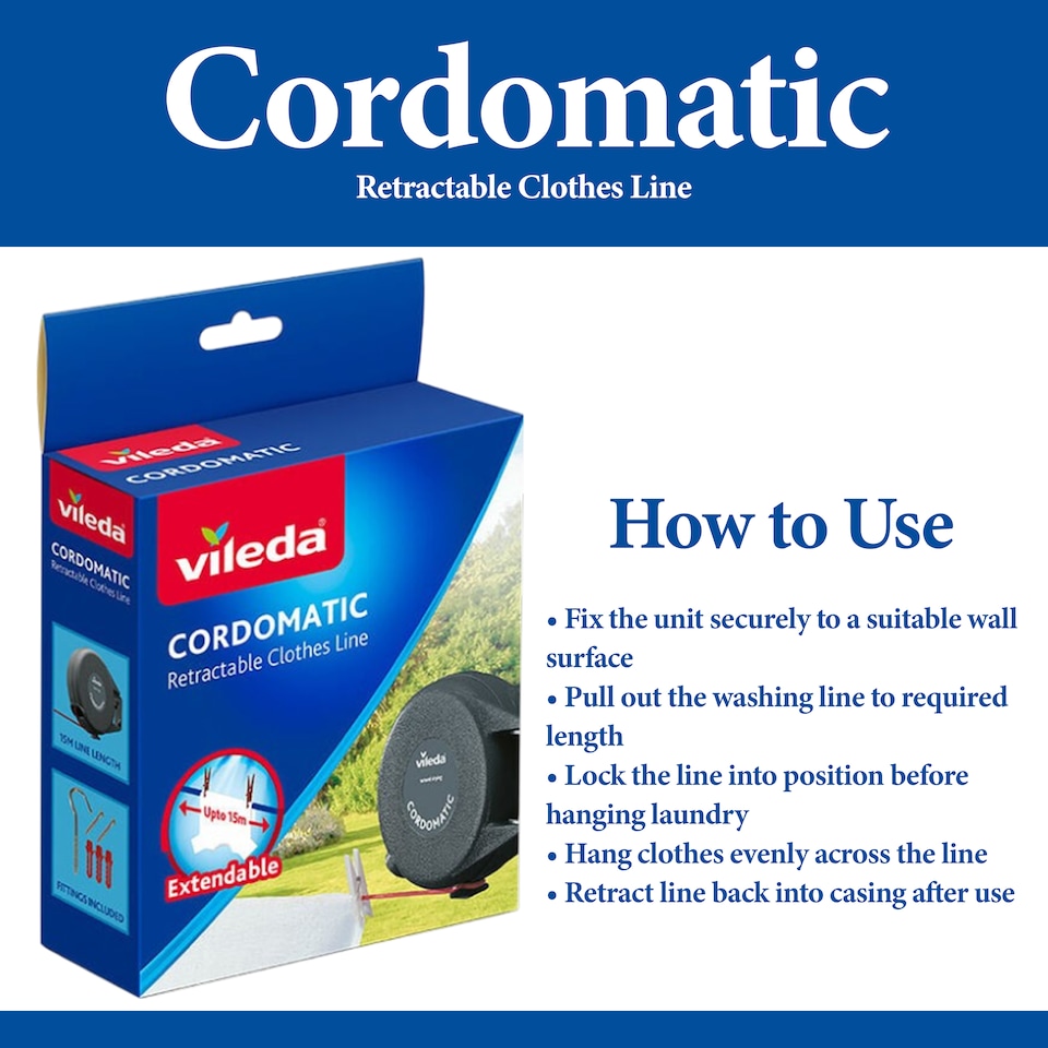 image 1 of Vileda Cordomatic Retractable Clothes Line Indoor Outdoor Washing Line 15m