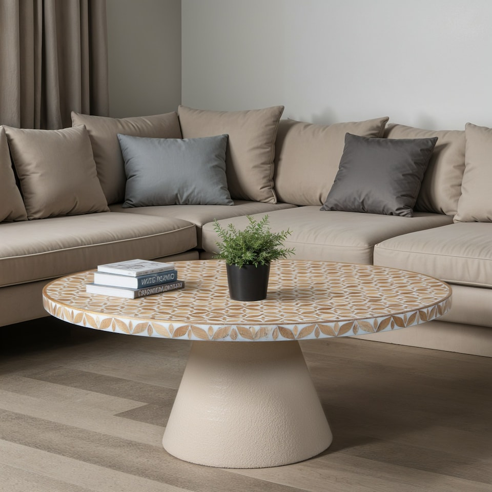 image 1 of Inlay Acacia Wood Floral Low Coffee Table Brown