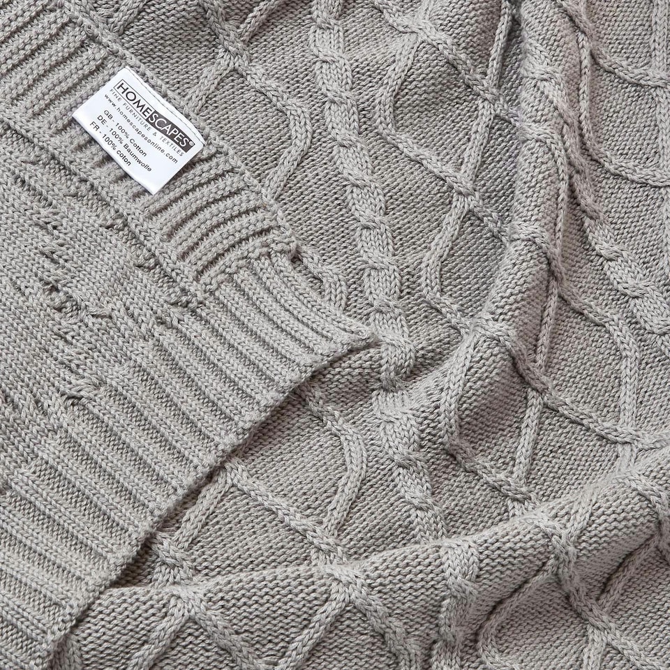 image 1 of Homescapes Grey Diamond Cable Knit Cotton Throw - 130 x 170 cm Grey