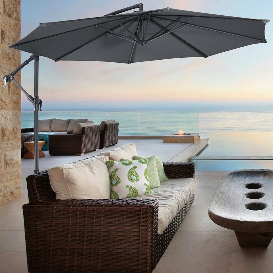 image 1 of Living and Home 3M Large Banana Cantilever Patio Parasol with Base on Wheels - Grey