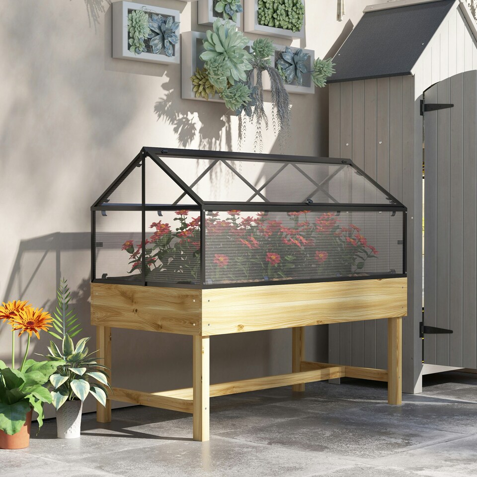 image 1 of Outsunny Raised Garden Bed with Polycarbonate Panel, Natural