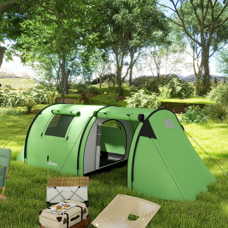 image 1 of Outsunny 2 Room Camping Family Tent for 3-4 Man, 3000mm Waterproof, Green