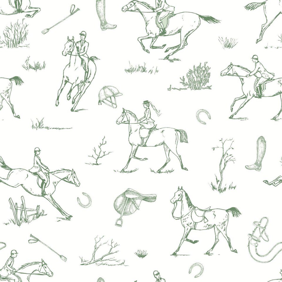 image 1 of Equestrian Wallpaper Horse Riding White Green Country Traditional Feature Wall