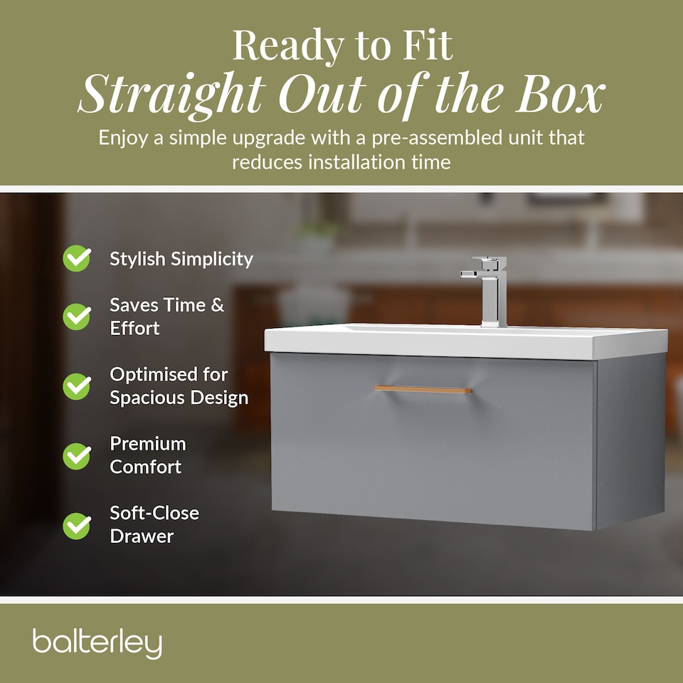 image 1 of 800mm Wall Hung 1 Drawer Vanity Basin Unit, Satin Grey, Copper Handle | Grey | Satin Grey | 399 x 810 x 390mm