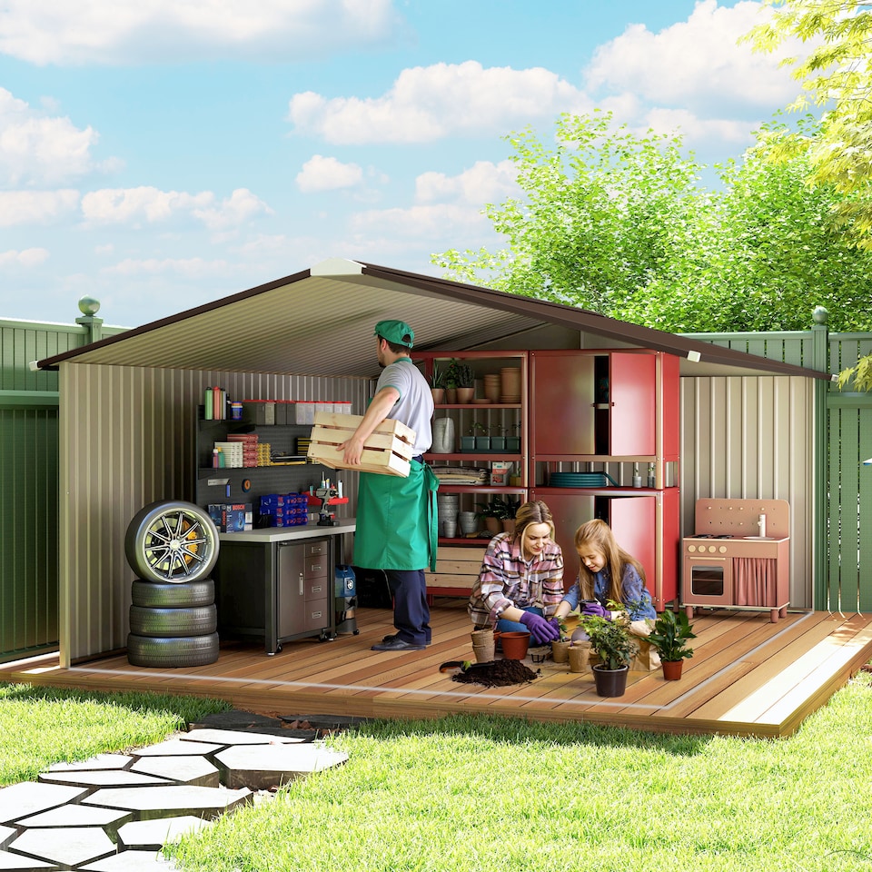 image 1 of Outsunny 13 x 11ft Metal Garden Shed, Outdoor Storage Tool House with Ventilation Slots, Foundation Kit and Lockable Double Doors, Light Brown