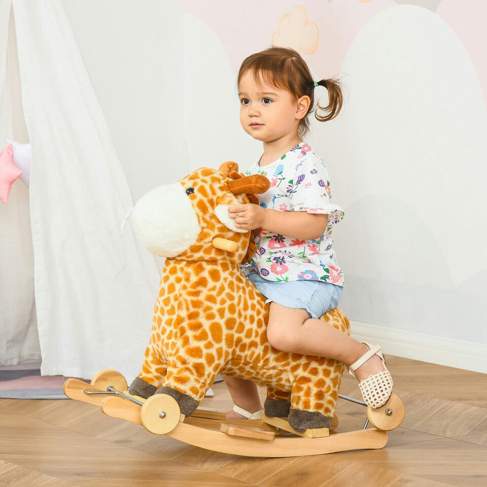 image 1 of HOMCOM 2-IN-1 Kids Plush Ride-On Rocking Gliding Horse Giraffe-shaped Yellow