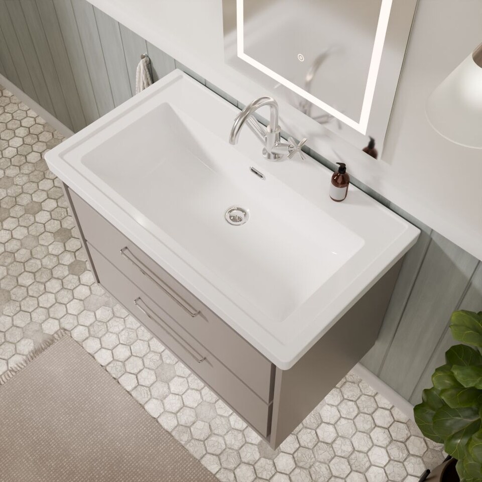 image 1 of Balterley Modern Wall Hung 2-Drawer Bathroom Vanity Unit with Fireclay Basin | Grey | Pebble Grey | 606 x 830 x 471mm