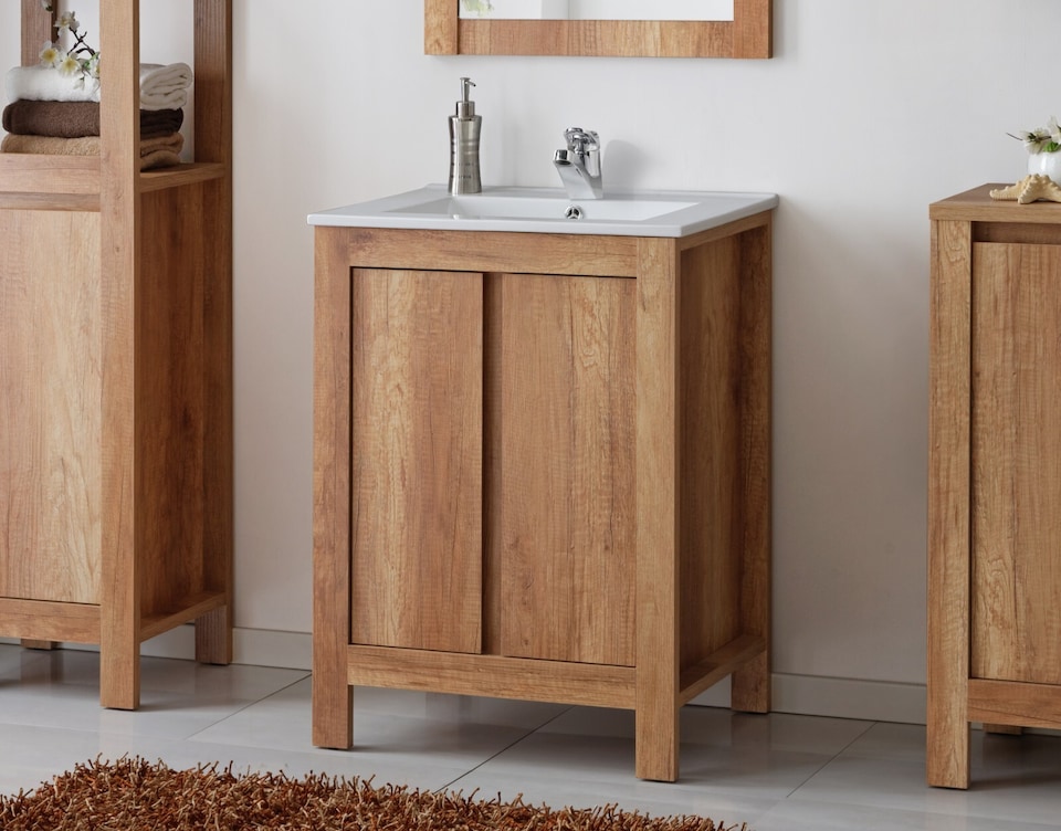 image 1 of Freestanding Bathroom Vanity Unit 600mm Sink Cabinet with Basin Oak Effect Storage Classic